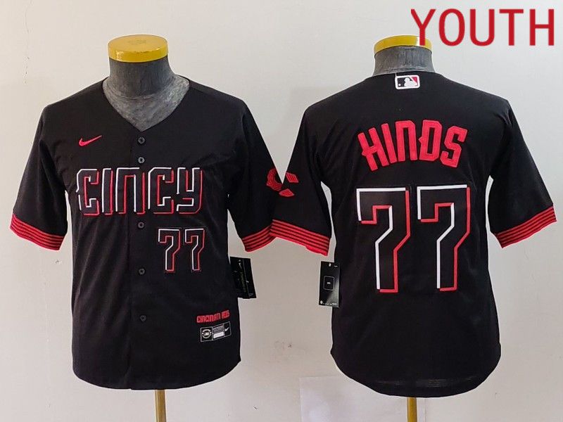Youth Cincinnati Reds #77 Hinds Black City Edition Nike 2024 MLB Jersey style 4->youth mlb jersey->Youth Jersey